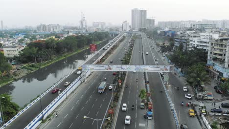 Aerial-view-of-Kolkata's-skyline-near-Lake-town-with-flyover-and-cityscape