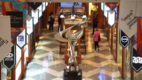 Static-shot-capturing-artistic-Mirage-sculpture-by-Gidon-Graetz-as-the-centrepiece-of-Brisbane-Arcade,-a-shopping-galleria-located-in-heritage-listed-building-in-Queen-Street-Mall