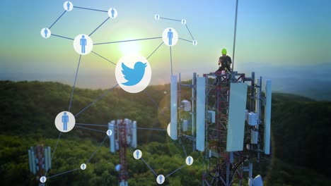 Luftaufnahme-Der-Telekommunikations-Basisstation-Bei-Sonnenuntergang-Mit-Animation-Von-Twitter-Social-Media-Paketen-Für-Internetkonsumenten
