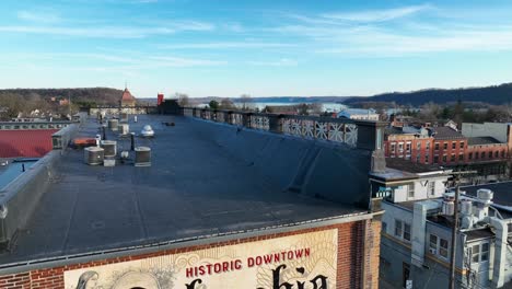 Drone-footage-of-historic-downtown-Columbia,-Pennsylvania-in-Lancaster-County-at-sunset