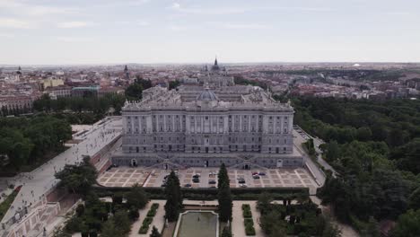 Aerial-orbit-view:-Royal-Palace-of-Madrid,-Exterior-rear-north-facade