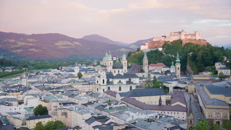 Historic-city-center-of-Salzburg,-Austria-with-Hohensalzburg-Fortress-on-summer-day