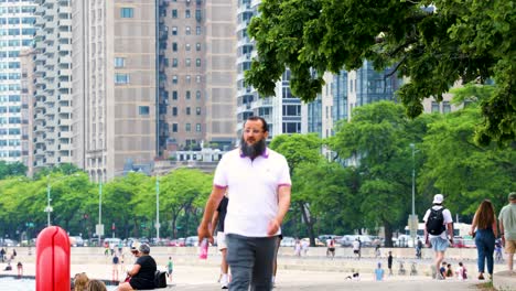 Zeitraffer-Von-Menschen,-Die-An-Einem-Schönen-Sonnigen-Tag-In-Der-Stadt-Chicago-Entlang-Der-Lake-Shore-Drive-Am-North-Ave-Beach-Spazieren