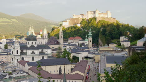 Hohensalzburg-castle-and-old-town-in-Salzbug,-Austria-on-sunny-summer-day