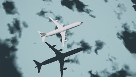 3D-Animation,-plane-flying-from-left-to-right-over-fast-moving-clouds,-shadow