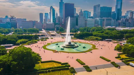 aerial-drone-hyper-lapse-view-of-Chicago-famous-Buckingham-Fountain-during-a-beautiful-sunny-afternoon-in-the-city