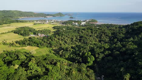 Malerische-Drohnenaufnahme-Aus-Der-Luft-Des-Tropischen-Regenwaldes-Und-Der-Dorfgemeinschaft-Am-Meer-In-Catanduanes,-Philippinen