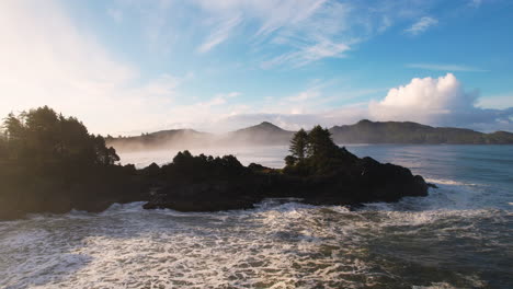 Misty-Pacific-Ocean-And-Pettinger-Point-On-A-Sunny-Morning-In-Tofino,-BC,-Canada