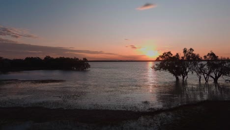 Sonnenaufgang-über-Einem-See-Mit-Mangrovenbäumen-Am-Wasserrand