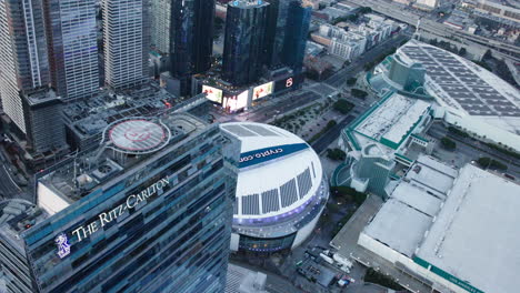 Aerial-Landscape-of-Los-Angeles-city-in-the-morning-Crypto-Arena-and-The-Ritz-on-a-helicopter