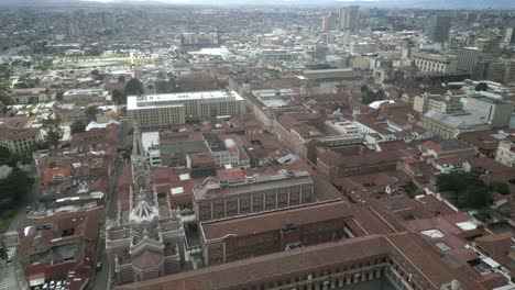 Bogota-Colombia-Aerial-Drone-Fly-Above-Colonial-Historic-Neighborhood,-Cathedral-and-Traditional-Landmarks