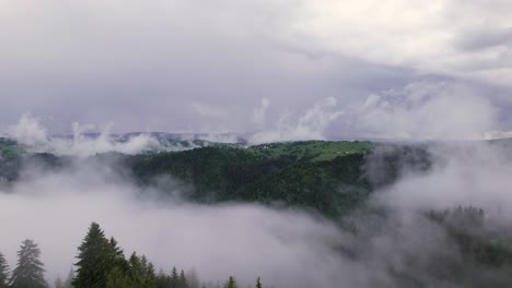 Aerial-panoramic-view-of-wide-carpathian-mountain-valley-in-green-landscape-above-clouds