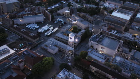Aerial-Warner-brothers-water-tower-morning-dawn-on-an-helicopter