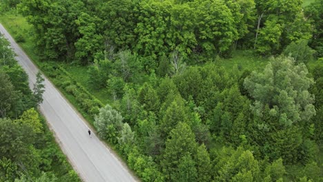 Man-Running-Along-The-Asphalt-Road-Between-Forest---aerial-drone-shot