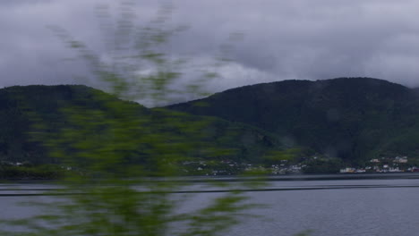 Hand-held-shot-of-the-Vestland-Fjord-landscape-on-a-gloomy-day,-in-Norway