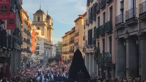 Back-View-Processions-Of-Holy-Week-María-Santísima-De-Los-Siete-Dolores-Crowded-Toledo-Street-In-Madrid