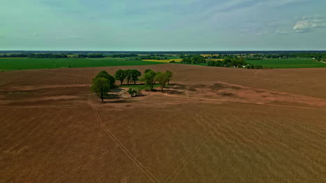 Drone-flight-over-an-agricultural-area-towards-the-ruins-of-an-old-farm