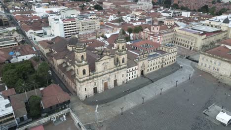 Bogota-Bolivar-square-with-metropolitan-main-cathedral-historical-city-center-downtown-aerial-view