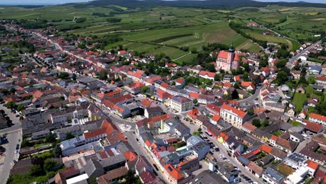 Panoramic-View-Over-Town-Poysdorf-In-Lower-Austria---drone-shot