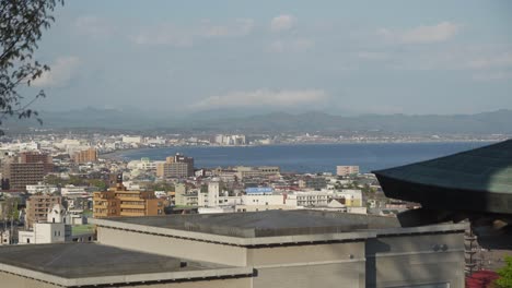 Establishing-view-of-Hakodate-Bay,-Japan-on-a-sunny-and-clear-day,-clouds-in-the-background