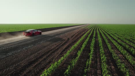 Cinematic-aerial-following-red-colored-car-moving-along-the-road-through-vast-agricultural-fields,-daytime-capture
