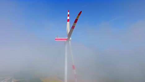 Wind-Turbine-Blades-Visible-Through-Fog-In-Weinviertel,-Austria---aerial,-close-up