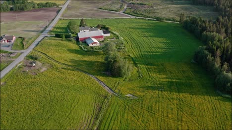 Aerial-View-Of-Rural-Farm-Landscape-In-Indre-Fosen,-Norway---drone-shot