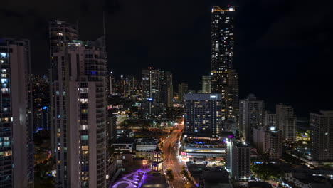 Amazing-nighttime-aerial-hyper-lapse-of-downtown-surfer's-paradise-on-the-Gold-Coast,-Australia