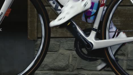 Close-up-of-a-cyclist's-feet-pedalling-on-a-cycle-trainer
