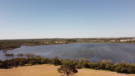 Panning-left-shot-of-Lake-Joondalup-with-flock-of-birds-flying-in-Perth-Australia