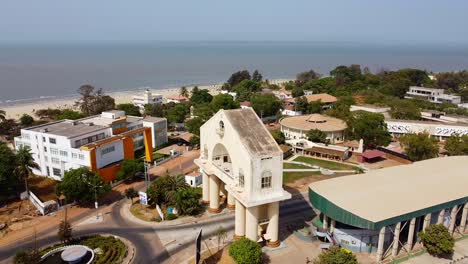 Static-aerial-view-of-Arch-22-entrance-to-the-capital-city-Banjul,-The-Gambia---West-Africa