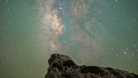 Aphrodite's-Rock-in-Cyprus-with-a-Milky-Way-time-lapse-in-the-night-sky