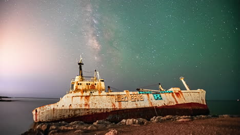 The-EDRO-III-cargo-ship-in-Cyprus-has-been-artistically-depicted-in-a-time-lapse-video,-showcasing-a-stunning-backdrop-of-a-galaxy
