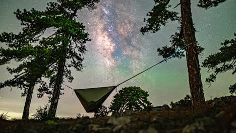 Camping-under-the-stars-and-Milky-Way-at-Mount-Olympos,-Cyprus---time-lapse