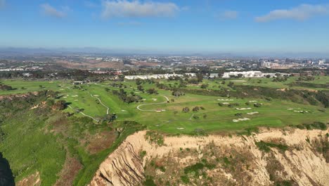 Aerial-view-spinning-left-looking-at-Torrey-Pines-Golf-Course-and-Blacks-Beach-in-San-Diego-near-Del-Mar-and-La-Jolla-with-a-great-view-of-the-cliffs-ocean-and-gliderport