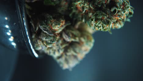 A-vertical-macro-close-up-cinematic-shot-of-a-cannabis-plant,-hybrid-strains,-Indica-and-sativa-,marijuana-flower,-on-a-rotating-stand-in-a-shiny-bowl,-slow-motion,-4K-Video