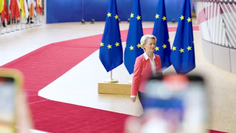 President-of-the-European-Commission-Ursula-von-der-Leyen-arriving-at-the-European-Council-summit-in-Brussels,-Belgium