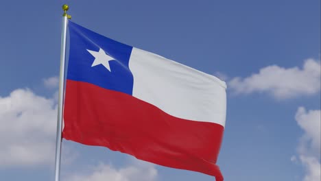 Flag-Of-Chile-Moving-In-The-Wind-With-A-Clear-Blue-Sky-In-The-Background,-Clouds-Slowly-Moving,-Flagpole,-Slow-Motion