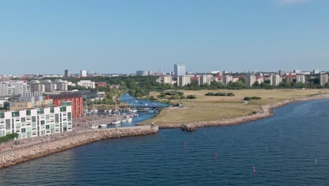 Aerial-shot-of-Malmö-coast-with-view-of-the-beach-Ribersborg-from-afar