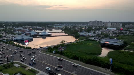 Barefoot-landing-in-North-Myrtle-Beach,-SC,-South-Carolina-Aerial-push-in