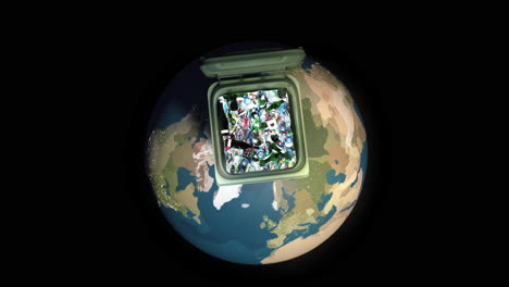 Green-garbage-trash-can-with-plastic-bottles-and-waste-on-earth-globe