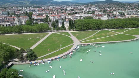Waterfront-Annecy-city-France-high-angle-drone-,-aerial,-4K-footage