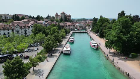 Quayside-Annecy-city-France-drone-,-aerial,-4K-footage