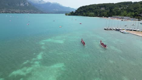 Canoe-race-on-Lake-Annecy-France-drone-,-aerial,-view