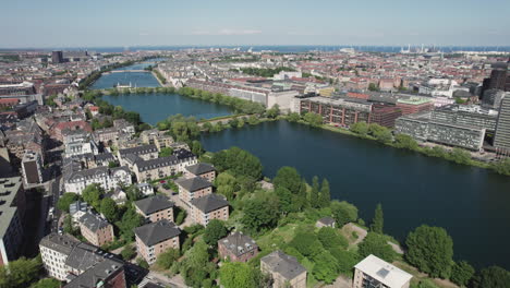 Aerial-view-of-Copenhagen's-lakes,-showcasing-the-central-of-the-city-from-above