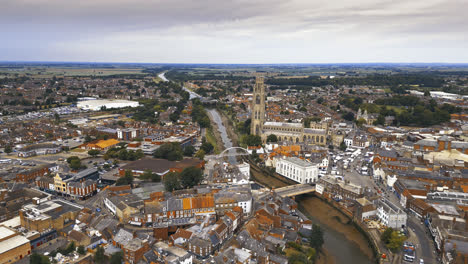 scenic-beauty-of-Boston,-Lincolnshire,-in-mesmerizing-aerial-drone-footage:-Port,-ships,-Saint-Botolph-Church-,-Saint-Botolph's-Bridge