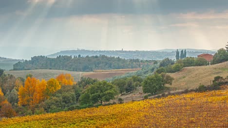 Autumn-landscape-in-Tuscany,-Itay,-vineyard-in-the-foreground,-farm,-trees-and-hills,-cloudy-sky,-Sunbeams-breaking-through-the-clouds---4k-time-lapse-footage