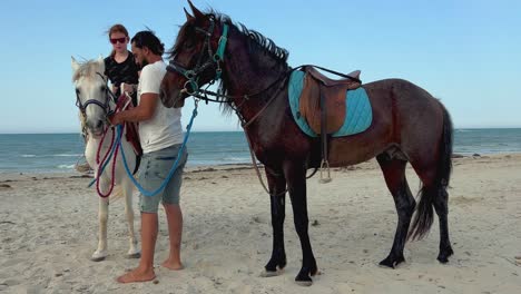 Bearded-man-with-brown-stallion-and-little-girl-with-red-hair-on-white-horse-prepare-to-ride-on-shore-of-beach