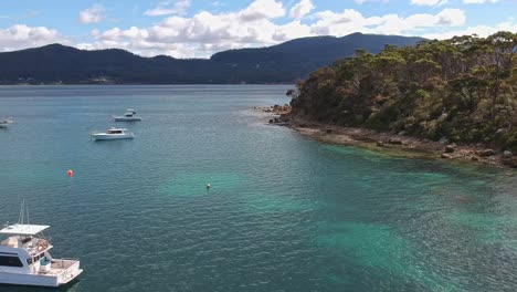Aerial-reveal-of-boats-and-rocky-shoreline-of-Pirates-Bay-in-Tasmania