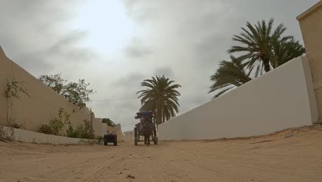 Tiefwinkel-Vorderansicht-Einer-Trabenden-Pferdekutsche-Mit-Touristen-Durch-Staubige,-Unbefestigte-Straßen-Von-Djerba-In-Tunesien